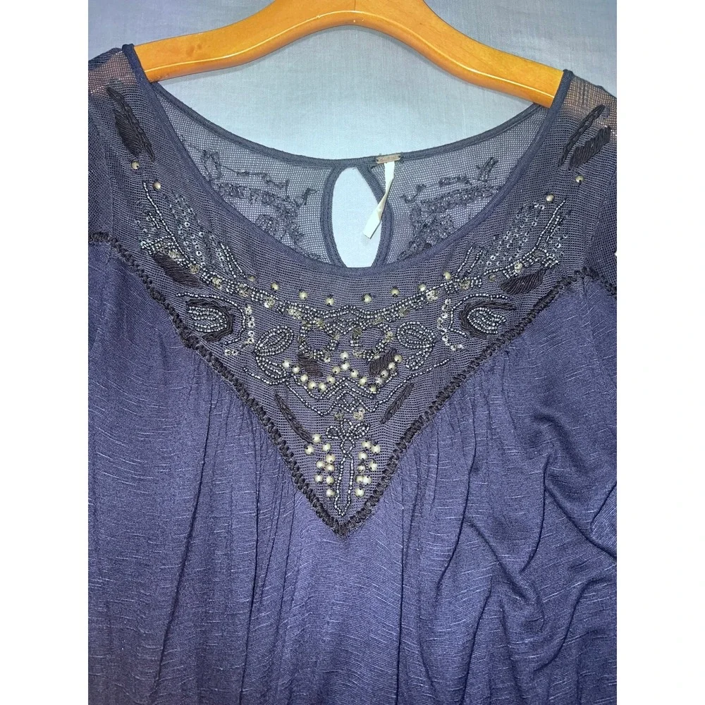 Free People Navy Blue Beaded Sequin Mesh Yoke Long Sleeve Flowy Blouse XS Boho